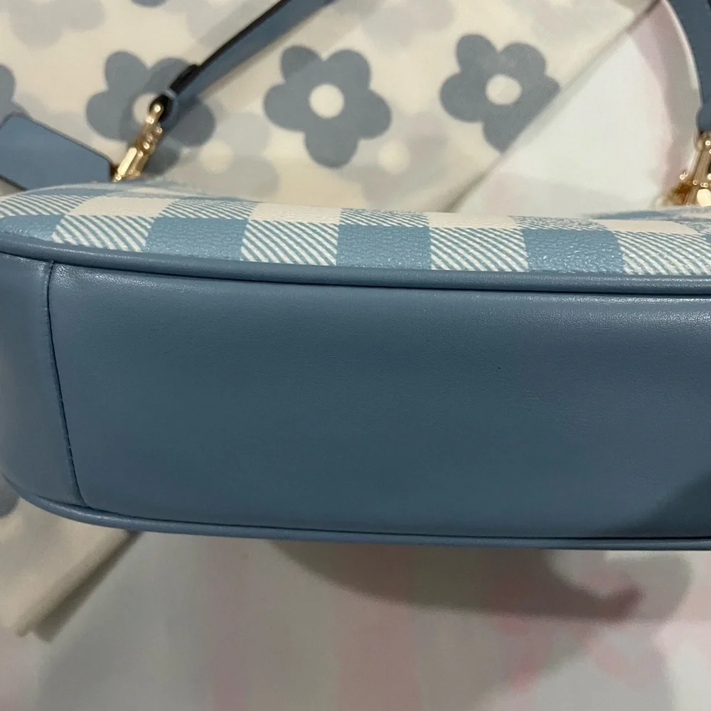 Coach Blue and White Gingham Shoulder Bag with Gold Hardware